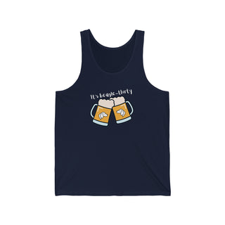 Beagle-Thirty Mugs Unisex Jersey Tank in Navy. The front of shirt showcases Two Dog Adorned Mugs clinking with the saying, "It's Beagle-Thirty" above it. Back of shirt features corresponding Benefit Beagle Logo.