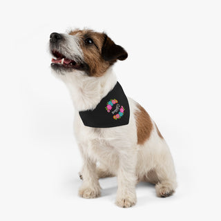 Dog wearing the Dia De Los Muertos Dog Collar Bandana in Black. The Dia De Los Muertos design features the Benefit Beagle logo with flowers surrounding it. Comes with adjustable black collar.