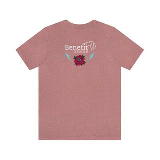 Stay Wild Premium Unisex Tee in Heather Mauve. Shown is the back of shirt with Benefit Beagle Logo complete with Tattoo Rose. On front of shirt is Stay Wild Design featuring a tattoo style rose with the phrase "Stay Wild, Play Hard" around it.