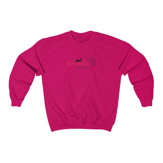 Meow Unisex Crewneck Sweatshirt in Heliconia Pink. Shown is front of shirt with the Benefit Beagle Logo featuring a peeping cat. The back showcases a wide eyed black cartoon cat with the phrase "Chatty Cat" above it.