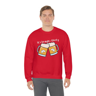 Beagle-Thirty Mugs Unisex Heavy Blend Crewneck Sweatshirt in Red. The front of shirt showcases Two Dog Adorned Mugs clinking with the saying, "It's Beagle-Thirty" above it. Back of shirt features corresponding Benefit Beagle Logo.