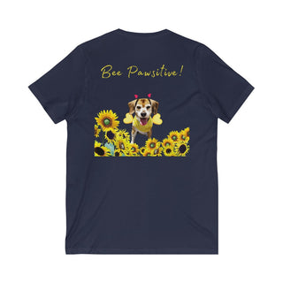 Bee Pawsitive Unisex V-neck Tee shirt in Navy. Shown is back of shirt showcasing a dog dressed as as bee in a a field of sunflowers with the phrase "Bee Pawsitive!" above it. The front features the Bee Pawsitive Benefit Beagle Logo.