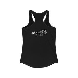 Easily Distracted Women's Racerback Tank in Black. Shown is back design with the classic Benefit Beagle Logo. The front design features a dog waving with the saying "Easily Distracted by Dogs" below it.