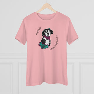 Signature Tattoo Roses Women's Premium Tee in Pink. Shown is front of shirt with the Signature Tattoo Roses design featuring a dog with roses around it and the phrase "Beagletude" and "Nothing is Impawssible". Back of shirt features the Benefit Beagle Logo.