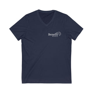 Live in the Moment V-Neck Tee in Navy. The Live in the Moment design features the Benefit Beagle logo in the top corner of the garment.