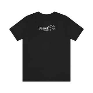 Signature Tattoo Roses Unisex Short Sleeve Tee in Black. Shown is back of shirt with the Benefit Beagle Logo. Front of shirt has the Signature Tattoo Roses design featuring a dog with roses around it and the phrase "Beagletude" and "Nothing is Impawssible".