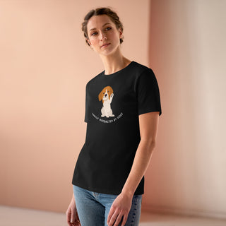 Easily Distracted Women's Premium Tee in Black. Shown is front design featuring a dog waving with the saying "Easily Distracted by Dogs" below it. The back of shirt has the classic Benefit Beagle Logo.