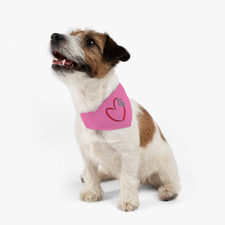 Dog wearing the Live, Love, Beagle Dog Collar Bandana in Pink. The Live, Love, Beagle design features a heart with a paw print. Comes with black adjustable collar.