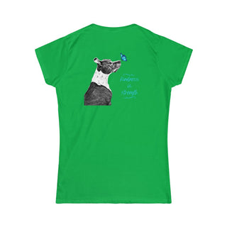 Lincoln Butterfly Women's Softstyle Tee in Irish Green. Shown is back of shirt design showcasing profile of a dog with a blue butterfly on its nose and the phrase "Kindness is Strength" next to it. The front of shirt has Benefit Beagle Logo kissed by a Butterfly.