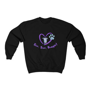 Live, Love, Beagle Crewneck Sweatshirts in Black. The Live, Love, Beagle design features a dog running through a heart with the phrase "Live, Love, Beagle!" under it.