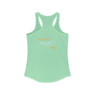 Beagle-Thirty Mugs Women's Racerback Tank in Mint. Shown is back of shirt featuring "Beagle-Thirty" Benefit Beagle Logo. The front Showcases Two Dog Adorned Mugs clinking with, "It's Beagle-Thirty" written above it.