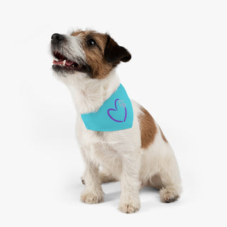 Dog wearing the Live, Love, Beagle Dog Collar Bandana in Blue. The Live, Love, Beagle design features a heart with a paw print. Comes with black adjustable collar.