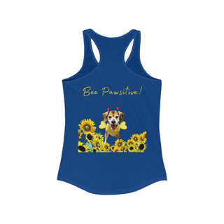 Bee Pawsitive Women's Racerback Tank in Royal. Shown is back of shirt showcasing a dog dressed as as bee in a a field of sunflowers with the phrase "Bee Pawsitive!" above it. The front features the Bee Pawsitive Benefit Beagle Logo.