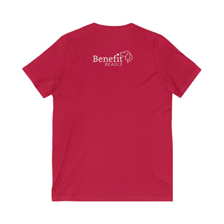 Easily Distracted Unisex Jersey Short Sleeve V-Neck Tee in Red. Shown is back design with the classic Benefit Beagle Logo. The front design features a dog waving with the saying "Easily Distracted by Dogs" below it.