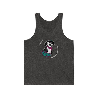 Signature Tattoo Roses Unisex Jersey Tank in Charcoal Black Triblend. Shown is front of shirt with the Signature Tattoo Roses design featuring a dog with roses around it and the phrase "Beagletude" and "Nothing is Impawssible". Back of shirt features the Benefit Beagle Logo.