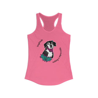 Signature Tattoo Roses Women's Ideal Racerback Tank in Hot Pink. Shown is front of shirt with the Signature Tattoo Roses design featuring a dog with flowers around it and the phrase "Beagletude" and "Nothing is Impawssible". Back of shirt features the Benefit Beagle Logo.