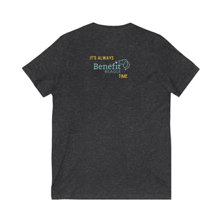 Beagle-Thirty Bottles Unisex Jersey Short Sleeve V-Neck Tee in Dark Grey Heather. Shown is back of shirt featuring "Beagle-Thirty" Benefit Beagle Logo. The front Showcases Two Paw Labeled Bottles clinking with, "It's Beagle-Thirty" written next to it.