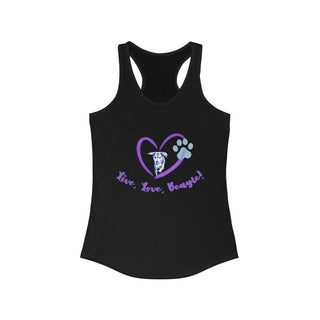 Live, Love, Beagle Women's Ideal Racerback Tank in Black. The Live, Love, Beagle design features a dog running through a heart with the phrase "Live, Love, Beagle!" under it.