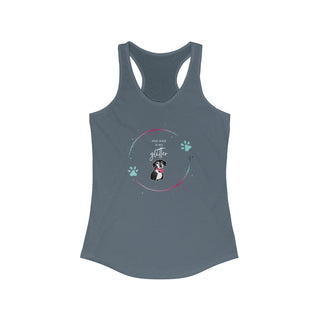 Dog Hair is my Glitter Women's Racerback Tank in Indigo. The Dog Hair is my Glitter design features a dog with the phrase "Dog Hair is my Glitter" above it and it is surrounded by a circle with paw prints.