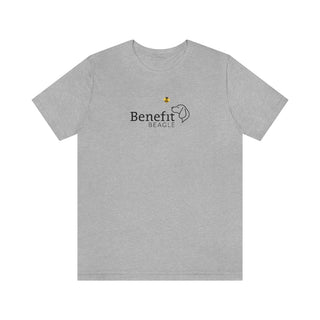 Bee Pawsitive Unisex Jersey Short Sleeve Tee in Athletic Heather. The front of shirt features the Bee Pawsitive Benefit Beagle Logo. The back of shirt showcases a dog dressed as a bee in a field of sunflowers with "Bee Pawsitive" written above.