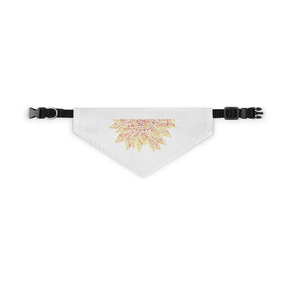 You are my Sunshine Pet Bandana Collar in White. The You are my Sunshine design features half of a sunflower made out of little paw prints. Comes with adjustable black collar.