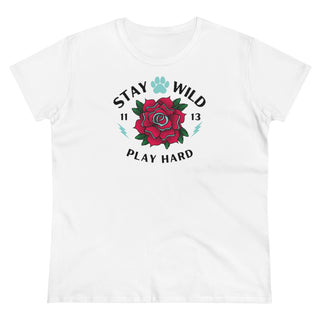 Stay Wild Women's Midweight Cotton Tee in White. Shown is front of Stay Wild Design features a tattoo style rose with the phrase "Stay Wild, Play Hard" around it. The back of shirt features the Stay Wild Benefit Beagle Logo Design.