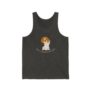 Easily Distracted Unisex Jersey Tank in Charcoal Black Triblend. Shown is front design featuring a dog waving with the saying "Easily Distracted by Dogs" below it. The back of shirt has the classic Benefit Beagle Logo.