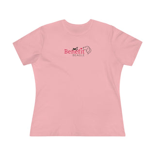 Meow Women's Premium Tee in Pink. Shown is front of shirt with the Benefit Beagle Logo featuring a peeping cat. The back showcases a wide eyed black cartoon cat with the phrase "Chatty Cat" above it.