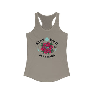 Stay Wild Women's Ideal Racerback Tank in Solid Warm Grey. The Stay Wild Design features a tattoo style rose with the phrase "Stay Wild, Play Hard" around it.  The back of shirt features the Stay Wild Benefit Beagle Logo Design.