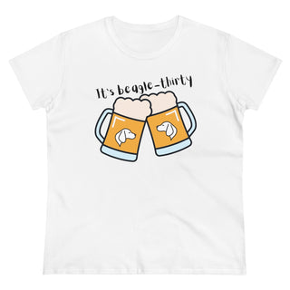 Beagle-Thirty Mugs Women's Midweight Cotton Tee in White. The front of shirt showcases Two Dog Adorned Mugs clinking with the saying, "It's Beagle-Thirty" above it. Back of shirt features corresponding Benefit Beagle Logo.