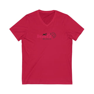 Meow Unisex V-Neck Tee in Red. Shown is front of shirt with the Benefit Beagle Logo featuring a peeping cat. The back showcases a wide eyed black cartoon cat with the phrase "Chatty Cat" above it.