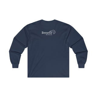 Easily Distracted Ultra Cotton Long Sleeve Tee in Navy. Shown is back design with the classic Benefit Beagle Logo. The front design features a dog waving with the saying "Easily Distracted by Dogs" below it.