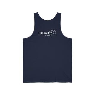 Easily Distracted Unisex Jersey Tank in Navy. Shown is back design with the classic Benefit Beagle Logo. The front design features a dog waving with the saying "Easily Distracted by Dogs" below it.