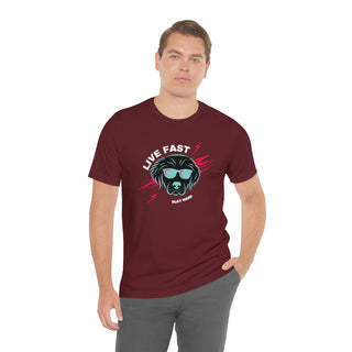 Play Hard Unisex Jersey Short Sleeve Tee Shirt in Maroon. The design features a cool dog with sunglasses and lightening bolts arond it. The phrase "Live Fast, Play Hard" is around the design.