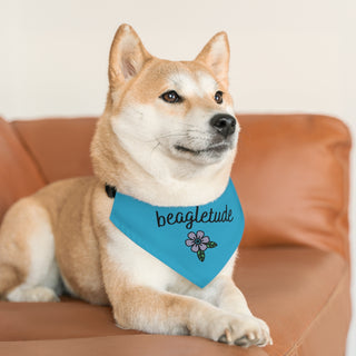 Dog wearing the Signature Tattoo Flower Dog Collar Bandana in Blue. The Signature Tattoo Flower design features the word "beagletude" with a tattoo style flower under it. Comes with adjustable black collar.