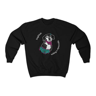 Signature Tattoo Roses Crewneck Sweatshirt in Black. Shown is front of shirt with the Signature Tattoo Roses design featuring a dog with roses around it and the phrase "Beagletude" and "Nothing is Impawssible". Back of shirt features the Benefit Beagle Logo.