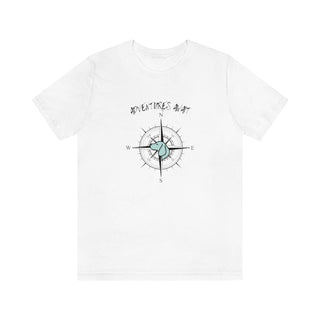 Adventures Await Unisex Jersey Short Sleeve Tee in White. The front of shirt features the Adventures Await design with a dog inside a nautical compass and the words "Adventures Await" above it. The back of the shirt has similar Benefit Beagle Logo.