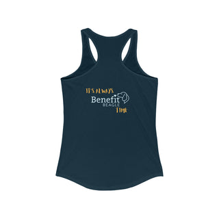 Beagle-Thirty Mugs Women's Racerback Tank in Midnight Navy. Shown is back of shirt featuring "Beagle-Thirty" Benefit Beagle Logo. The front Showcases Two Dog Adorned Mugs clinking with, "It's Beagle-Thirty" written above it.