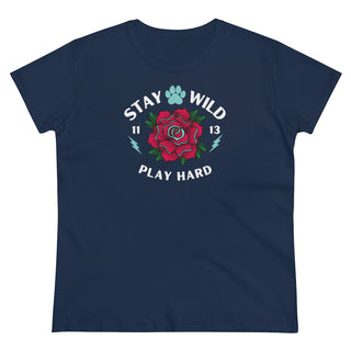 Stay Wild Women's Midweight Cotton Tee in Navy. Shown is front of Stay Wild Design features a tattoo style rose with the phrase "Stay Wild, Play Hard" around it. The back of shirt features the Stay Wild Benefit Beagle Logo Design.