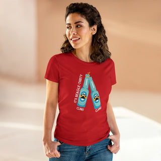 Beagle-Thirty Bottles Women's Midweight Cotton Tee in Red. The front of shirt showcases Two Paw Labeled Bottles clinking with the saying, "It's Beagle-Thirty". Back of shirt features corresponding Benefit Beagle Logo.