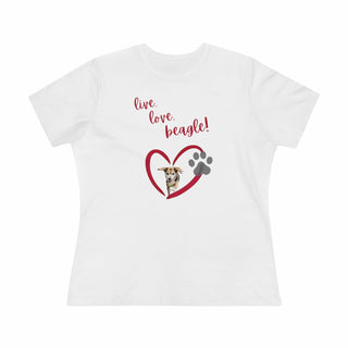 Live, Love, Beagle Women's Premium Tee in White. The Live, Love, Beagle design features a dog running through a heart with the phrase "Live, Love, Beagle!" above it.