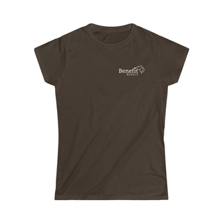 Live in the Moment Women's Softstyle Tee in Dark Chocolate. The Live in the Moment design features the Benefit Beagle logo in the top corner of the garment.