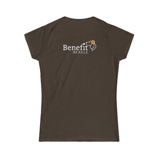 You are my Sunshine Women's Softstyle Tee in Dark Chocolate. Shown is back of shirt featuring the Sunflower Benefit Beagle Logo. The front showcases a sunflower which is split down the middle and half is made out of paw prints. Underneath is the phrase "You are my Sunshine".