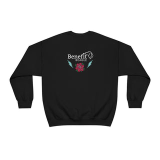 Stay Wild Unisex Heavy Blend Crewneck Sweatshirt in Black. Shown is the back of shirt with Benefit Beagle Logo complete with Tattoo Rose. On front of shirt is Stay Wild Design featuring a tattoo style rose with the phrase "Stay Wild, Play Hard" around it.