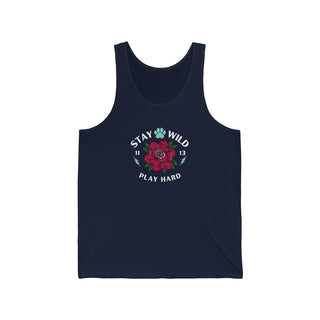 Stay Wild Unisex Unisex Jersey Tank in Navy. The Stay Wild Design features a tattoo style rose with the phrase "Stay Wild, Play Hard" around it. The back of shirt features the Stay Wild Benefit Beagle Logo Design.