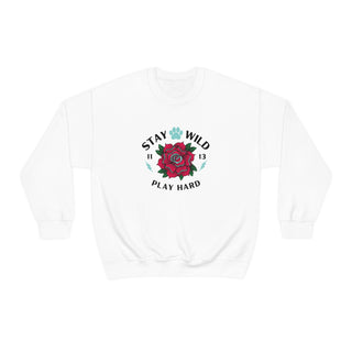 Stay Wild Unisex Heavy Blend Crewneck Sweatshirt in White. The Stay Wild Design features a tattoo style rose with the phrase "Stay Wild, Play Hard" around it. The back of shirt features the Stay Wild Benefit Beagle Logo Design.