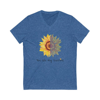 You are my Sunshine Unisex V-Neck Tee in Heather True Royal. Shown is the front showcasing a sunflower which is split down the middle and half is made out of paw prints. Underneath is the phrase "You are my Sunshine" . Back of shirt features the Sunflower Benefit Beagle Logo.