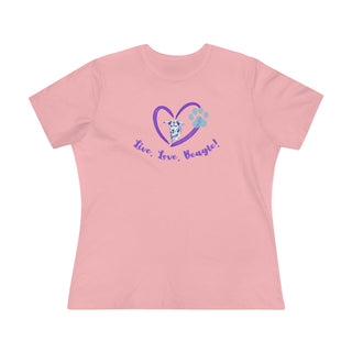 Live, Love, Beagle Women's Premium Tee in Pink. The Live, Love, Beagle design features a dog running through a heart with the phrase "Live, Love, Beagle!" under it.