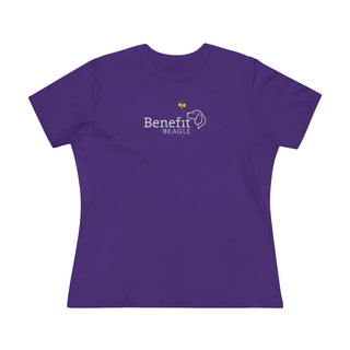 Bee Pawsitive Women's Premium Tee shirt in Team Purple. The front of shirt features the Bee Pawsitive Benefit Beagle Logo. The back of shirt showcases a dog dressed as a bee in a field of sunflowers with "Bee Pawsitive" written above.