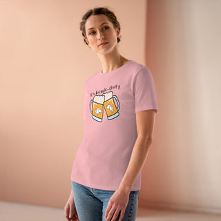 Beagle-Thirty Mugs Women's Premium Tee in Pink. The front of shirt showcases Two Dog Adorned Mugs clinking with the saying, "It's Beagle-Thirty" above it. Back of shirt features corresponding Benefit Beagle Logo.